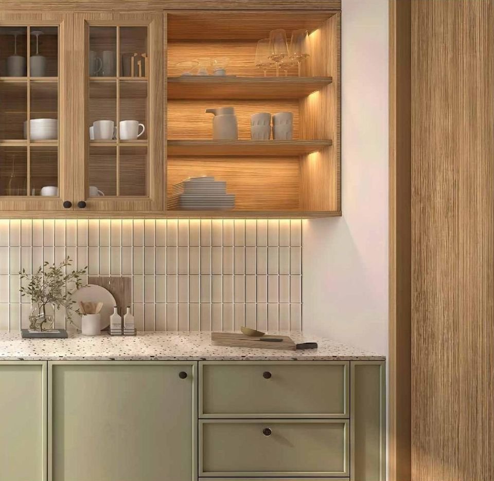 Kitchen cabinets in sage green and oak