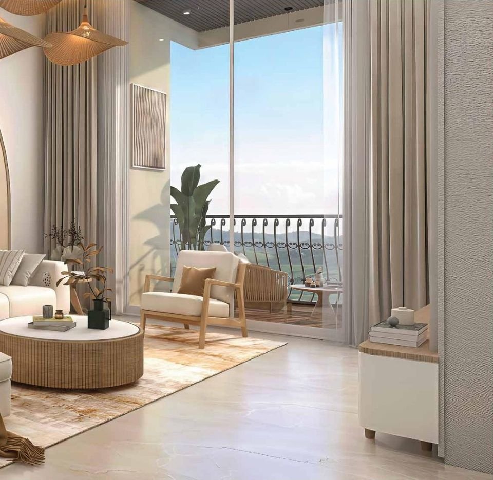 Furnished living room with balcony, artist's impression