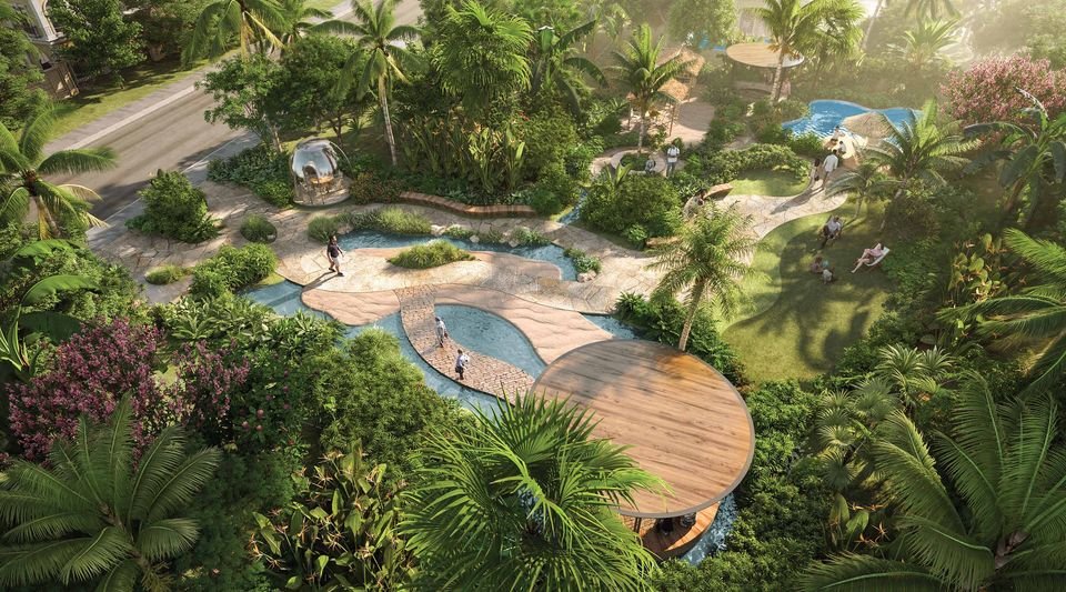 Aerial view of a Coral Reserve green with a deck and pool