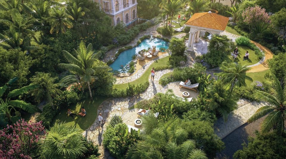 Aerial artist's impression of a landscaped green with pool and gazebo in Coral Reserve