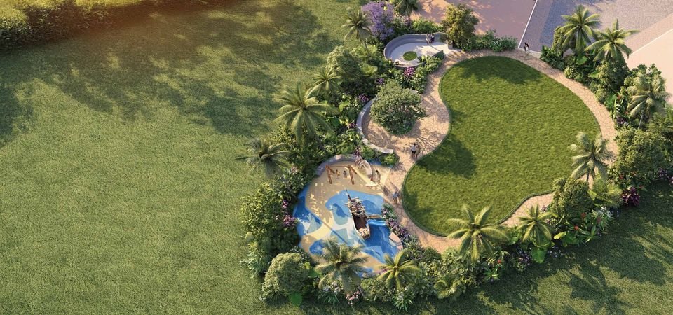 Landscaped Coral Reserve lawn with play areas