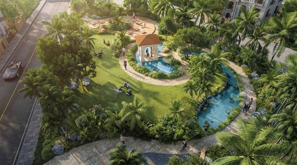 Aerial view of a courtyard green with water features